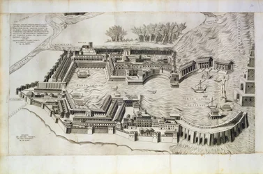 Plán přístavu Ostia Antica, rytina autora, 1554